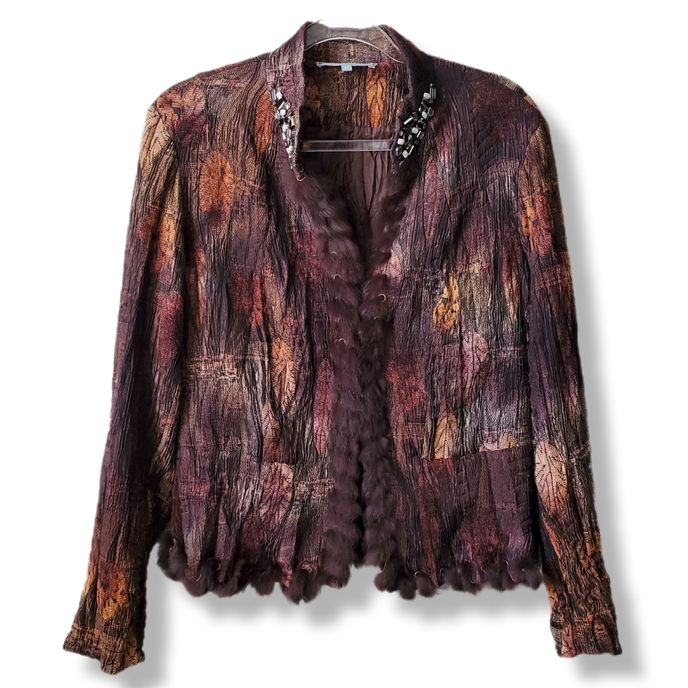 Women 90s VTG Textured Jacket M Embellished Collar Fur Trim Unique Artsy Fall
